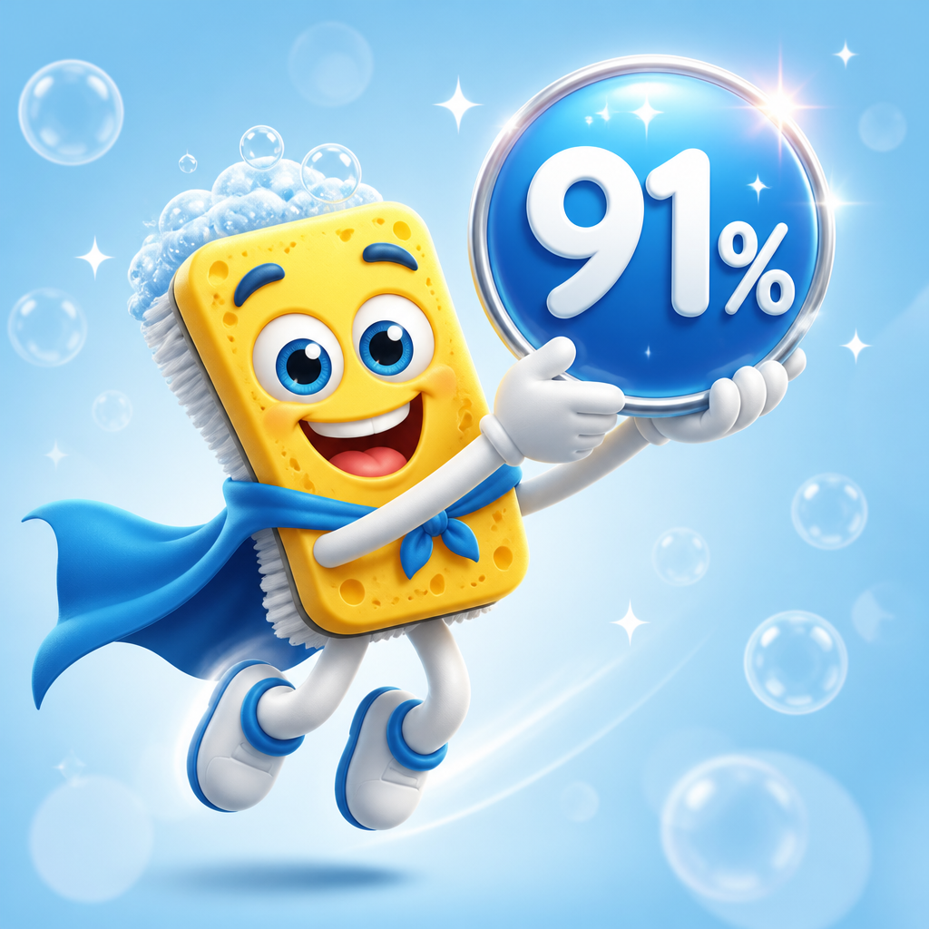 Spring cleaning mascot celebrating 91% savings